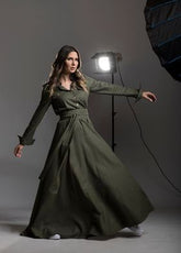🌿 "Elegant Linen Dress – Long Sleeve with Buttons & Belt | Army Green & Black 🌿| زيتى بحزام